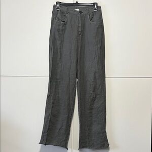 Zara Gray Wide-Leg Linen Blend Pants Fringe Hem